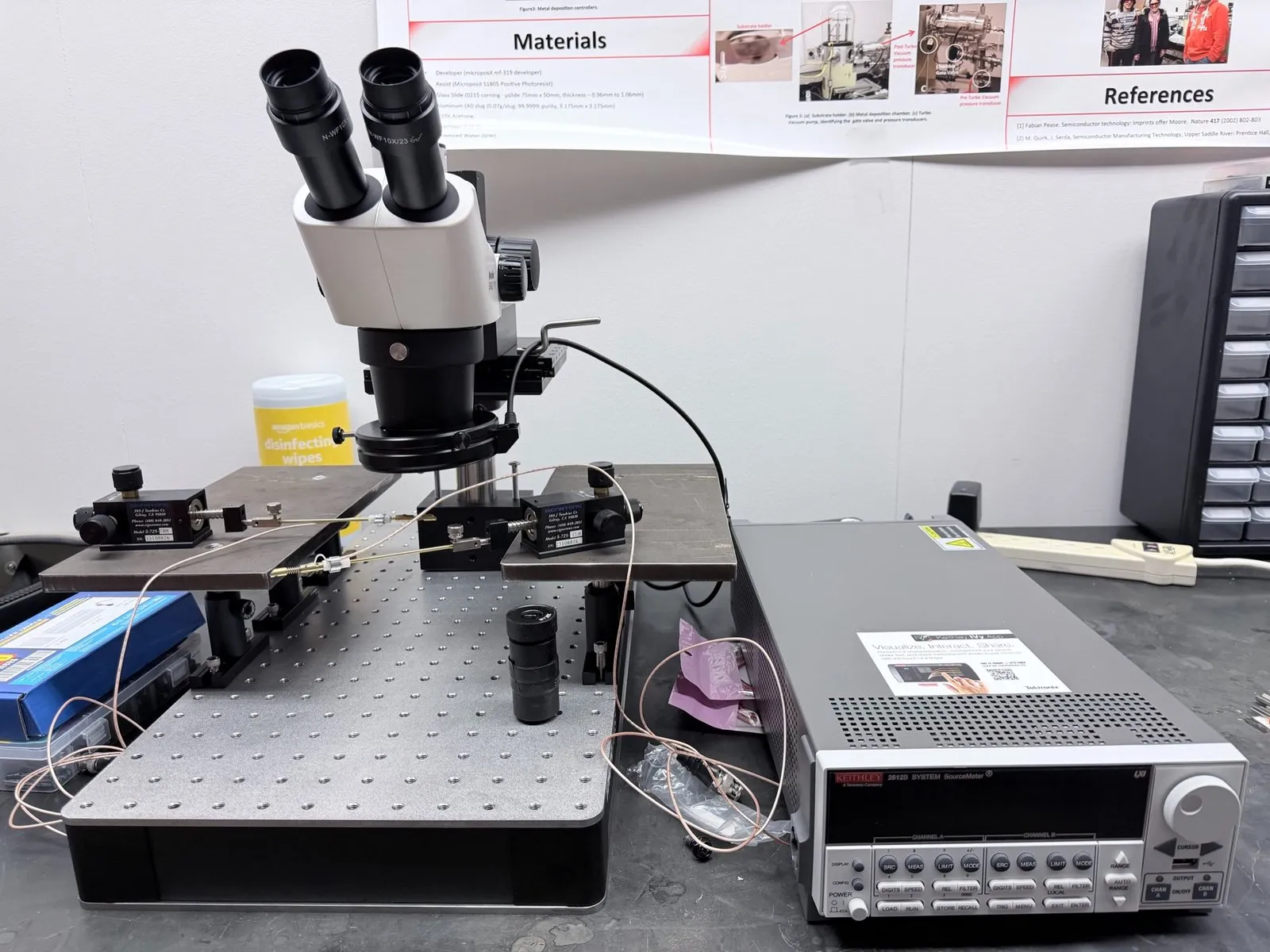 Probe station with a stereo microscope and a Keithley SourceMeter for device characterization in the Bioelectronic Synergy Lab.