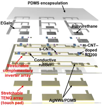 Exploded schematic of a stretchable complementary integrated device, stacking a PDMS encapsulation, EGaIn and AgNW/PDMS interconnects, a complementary inverter array of s-CNT and m-CNT-doped N2200 dual-type transistors, and a triboelectric nanogenerator touch-pad array.