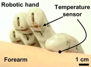 A soft robotic hand made from fully rubbery integrated electronics resting on a forearm, with an integrated temperature sensor labeled on one fingertip.