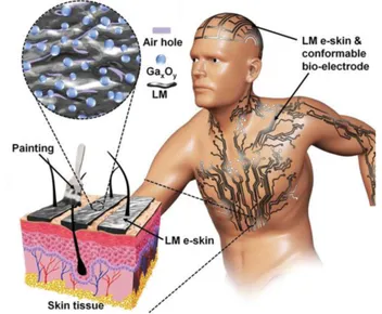 Illustration of liquid-metal electronic skin painted in situ onto skin tissue to form conformable bio-electrodes across a person’s head, neck, and chest, with an inset showing the gallium-oxide-coated liquid-metal microstructure and air holes.