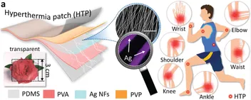 Layered schematic of a transparent skin-mountable hyperthermia patch made of PDMS, PVA, a silver nanofiber network, and PVP, with a micrograph of the silver nanofibers, a photo of the transparent patch over a rose, and a figure showing it applied to the wrist, elbow, shoulder, knee, ankle, and waist.