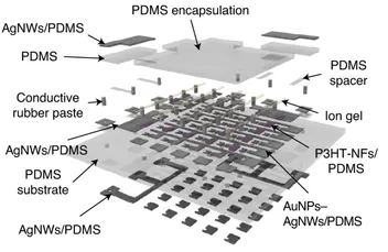Exploded schematic of a fully rubbery epicardial bioelectronic patch, layering a PDMS substrate and encapsulation, AgNW/PDMS interconnects, ion-gel-gated P3HT-nanofiber/PDMS transistors, and AuNP–AgNW/PDMS sensing electrodes into an active-matrix mapping array.