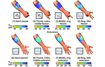 Eight forearm renderings showing color-coded high-density electromyography voltage maps from a drawn-on-skin electrode array as the hand performs different finger flexion and extension gestures.