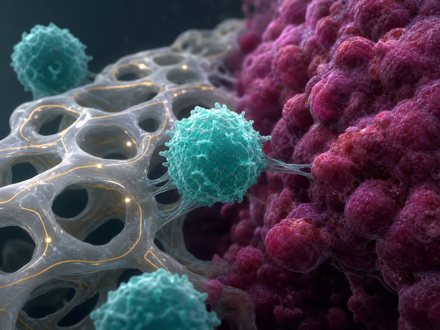 Original biomedical visualization of engineered T cells interacting with an electroconductive scaffold and tumor tissue.