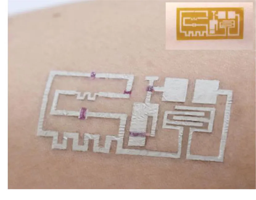 Published Figure 1b showing a printed electronic circuit directly on human skin with a magnified inset.