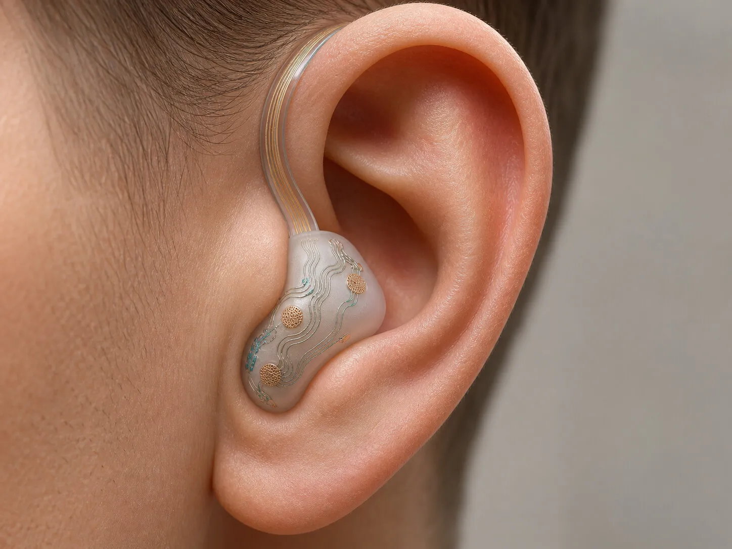 Original visualization of a soft in-ear EEG device with flexible electrodes and serpentine traces.
