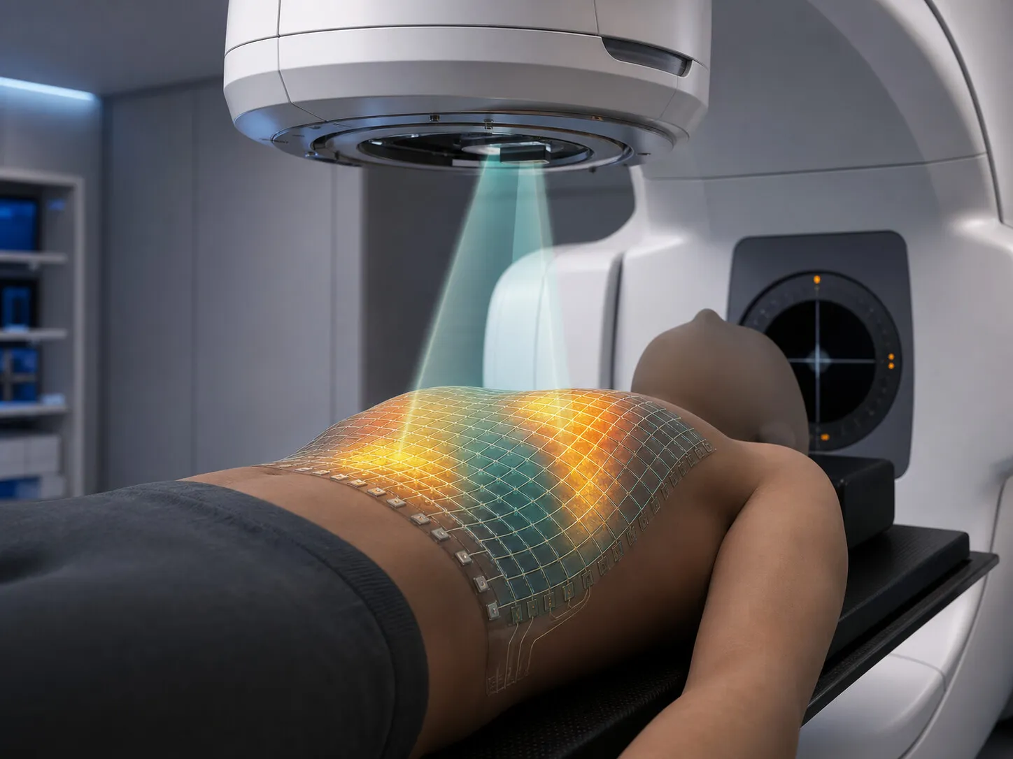Original visualization of a skin-conformal dosimeter array mapping radiation dose during radiotherapy.